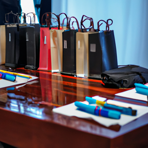 מגוון מתנות לכנס המוצגות על שולחן, כולל עטים ממותגים, מחברות ושקיות.