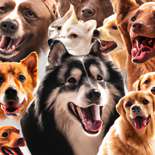 קולאז' המציג גזעי כלבים שונים בצורות ובגדלים שונים.