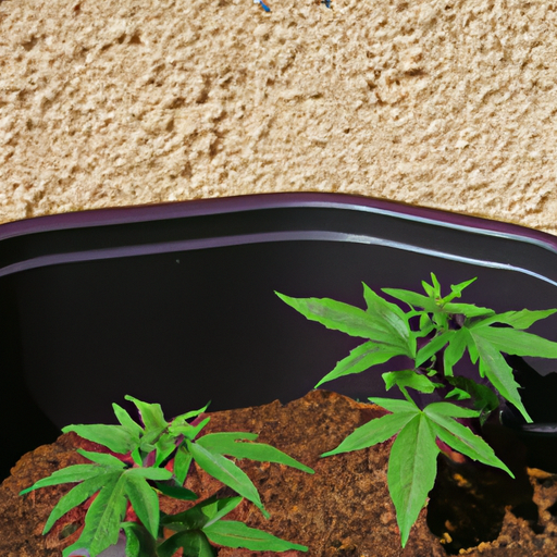 Photo depicting cannabis plants growing in fertile soil, alongside a container of bloom booster