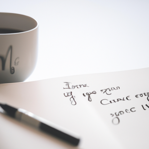 תמונה של מילים בכתב יד על מחברת, עט וכוס קפה בצד.