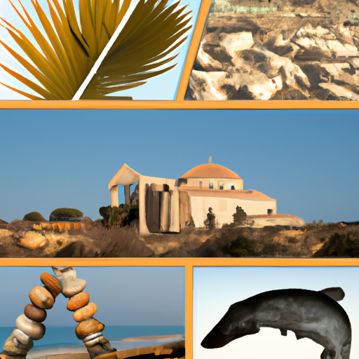קולאז' של אטרקציות תיירותיות בקפריסין, כולל חופים, אתרים היסטוריים ומאכלים מקומיים.