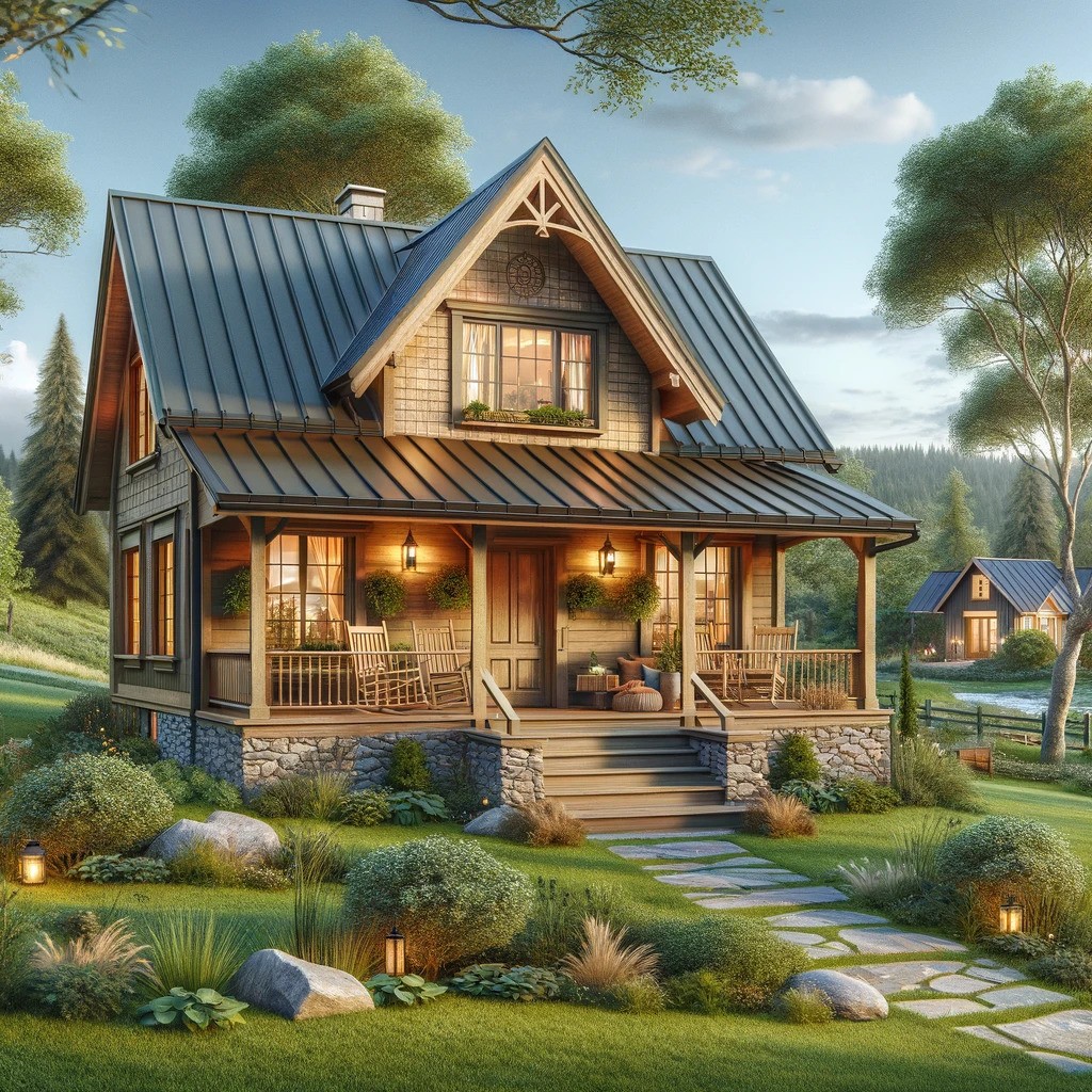 An illustration of a cozy country-style house nestled in a peaceful landscape.