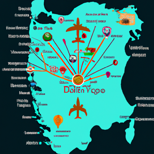 מפה המדגישה את קשרי התעופה העיקריים לאנטליה, עם אייקונים המייצגים חברות תעופה ושדות תעופה שונים.