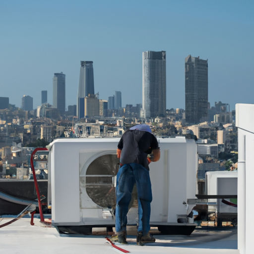1. טכנאי מזגנים בתל אביב עובד על יחידת גג כשברקע קו הרקיע של העיר