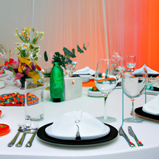 תמונה של שולחן אירועים מעוצב היטב עם מפה לבנה, צלחות צבעוניות וחלק מרכזי