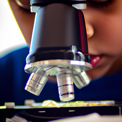ילד מסתכל דרך מיקרוסקופ, נדהם מהמיקרואורגניזמים שהם צופים בו.