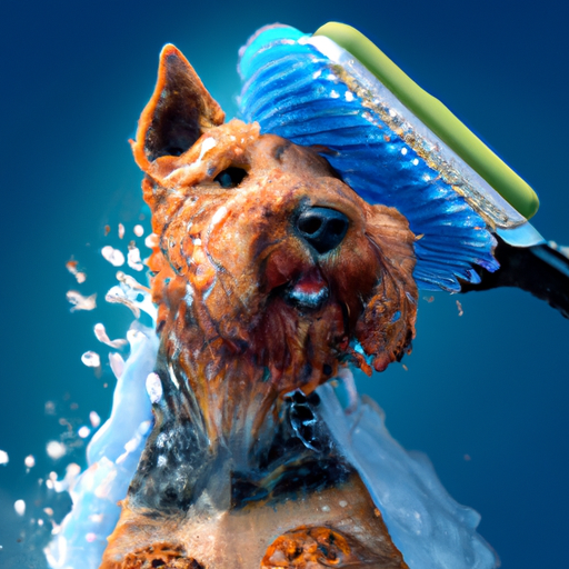 תמונה של כלב רוחץ עם מברשת גומי כחולה בוהקת.