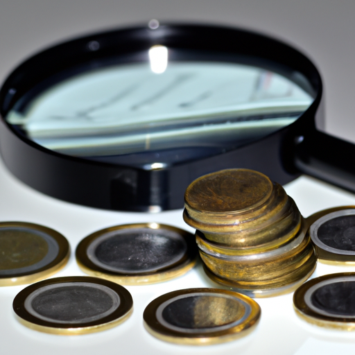 ערימת מטבעות עם זכוכית מגדלת, המסמלת בדיקה מדוקדקת של שכר טרחת רואה החשבון