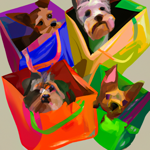 מגוון גזעי כלבים קטנים יושבים בתוך תיקים צבעוניים