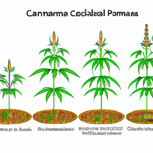 An illustrated life cycle of a cannabis plant showing the transition from vegetative to flowering stage