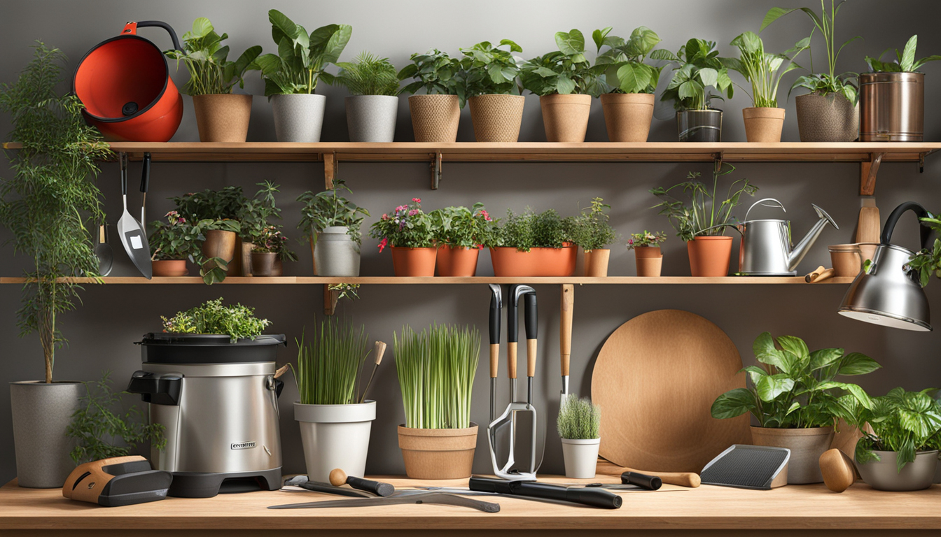 5. A photo of essential tools and equipment for indoor gardening.