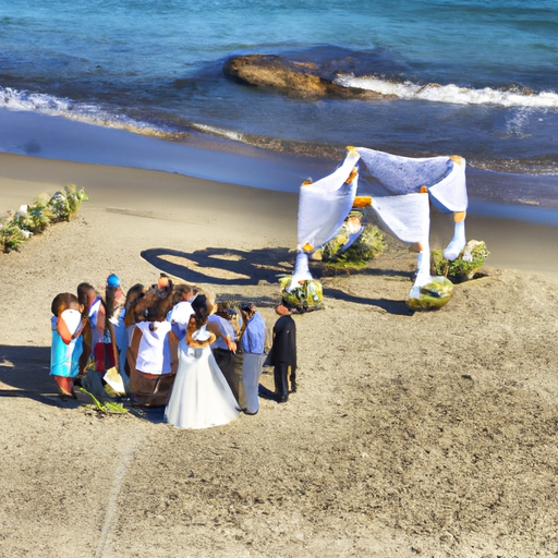 מבט פנורמי של טקס חתונה אזרחי המתקיים בחוף יפהפה בקפריסין.