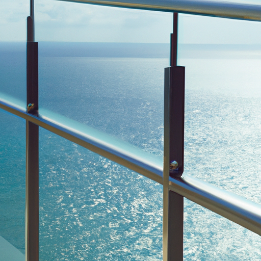 מבט מקרוב של מעקה זכוכית עם מסגרת מתכת ונוף של האוקיינוס שמעבר לו