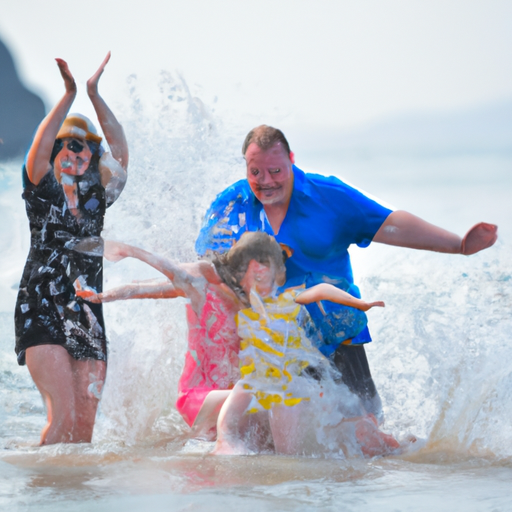 משפחה מאושרת משתכשכת במים בחוף יפהפה, נהנית מהחופשה התקציבית שלה