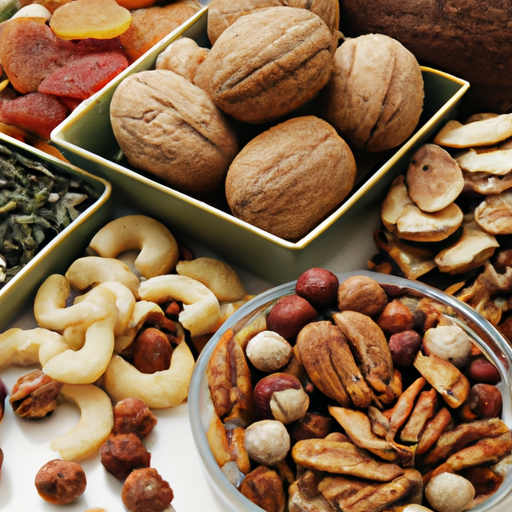 1. מבחר אגוזים ומוצרים טבעיים שונים המוצגים בממרח בריא וצבעוני