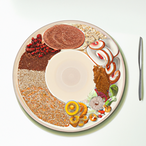 תמונה של צלחת עם פירות, ירקות, דגנים וחלבונים שונים, הממחישה את חשיבותה של תזונה מאוזנת לאנדומטריוזיס.
