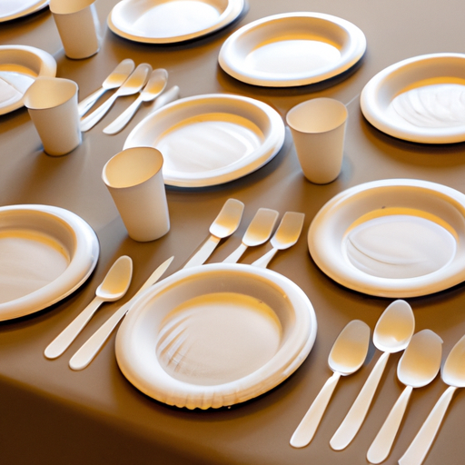 מגוון של פריטים חד פעמיים ידידותיים לסביבה כגון צלחות, כוסות וסכו"ם מונחים על שולחן.