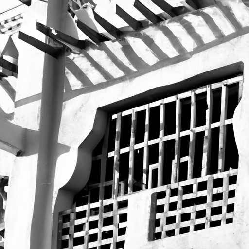 תמונה בשחור-לבן של בית ערבי ישן המציג את הסריג המורכב של משרביה.