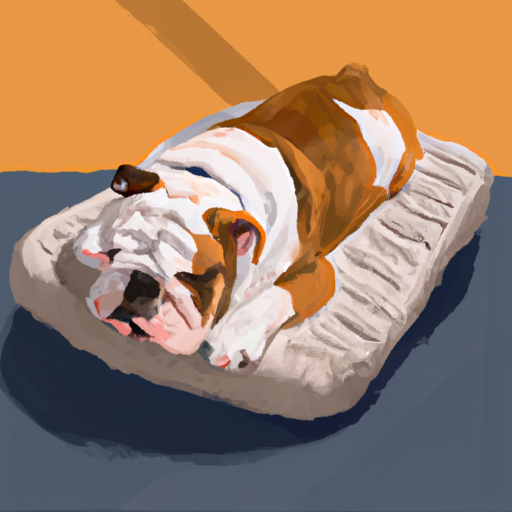 בולדוג מרוצה נודניק בשקט על מיטת הכלב הקטיפה שלו מעץ