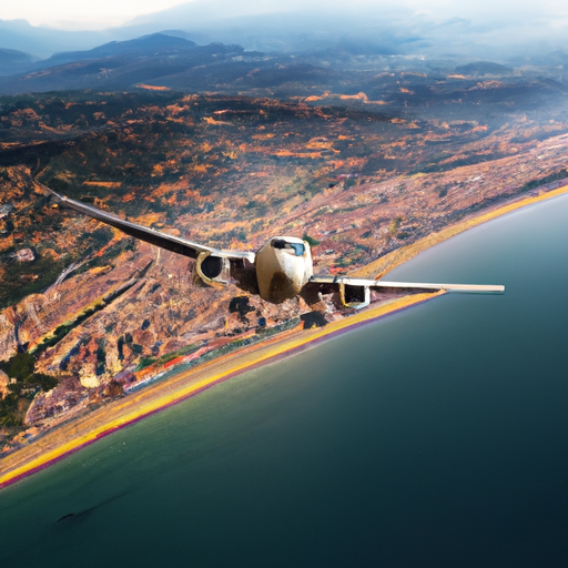 תמונה של מטוס טס מעל עיר חוף בספרד