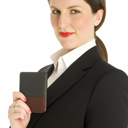 سيدة أعمال محترفة تعرض بثقة غطاء بطاقة الهوية الجلدي الأنيق الخاص بها.