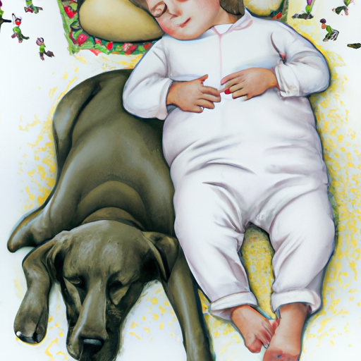 תמונה של תינוק ישן בשלווה עם לברדור לרגליו, מסמל הגנה וזוגיות