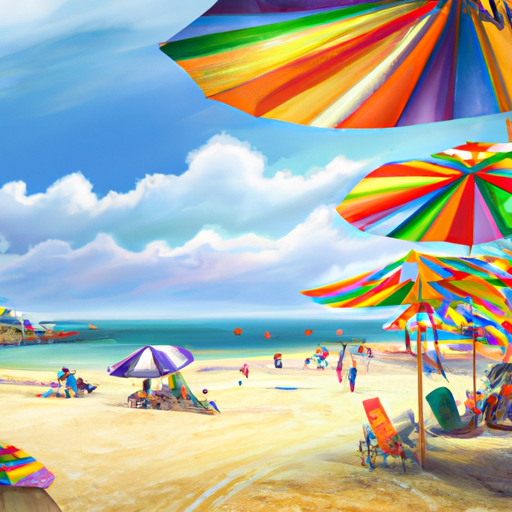 סצנת חוף עם שמשיות צבעוניות וכסאות חוף ברקע.