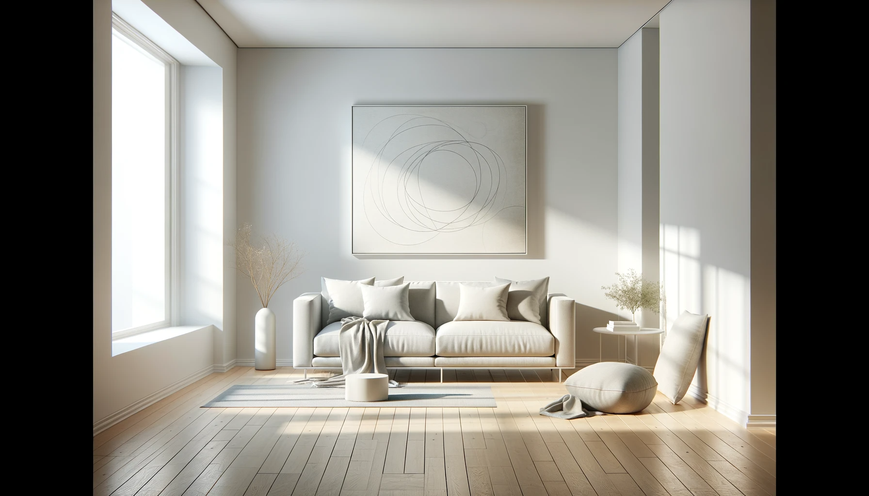 תמונה המציגה סלון מינימליסטי עם קירות לבנים, ספה פשוטה ויצירת אמנות אחת