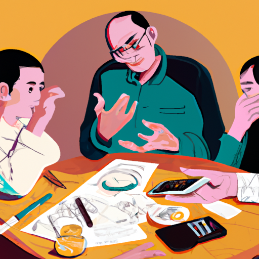 איור שמראה משפחה משוחחת על הכספים שלה סביב שולחן