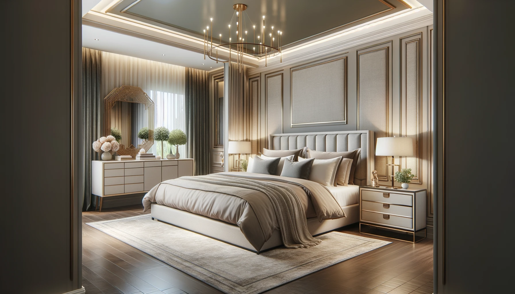 תמונה של חדר שינה מעוצב באלגנטיות המציג ערכת צבעים הרמונית וריהוט מסוגנן.