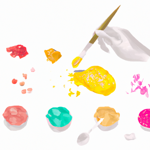 איור המתאר את תהליך ערבוב החומרים עם אבקות נציץ בצבעים שונים ליצירת מגוון גוונים.