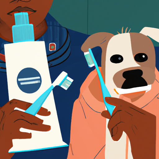 איור של אדם המצחצח את שיניו של כלבו עם מברשת שיניים ומשחת שיניים מסומנת, בטוחה לכלבים.