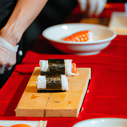 שף סושי מנוסה המדגים את הטכניקה המדויקת של לחיצת סושי ביד במהלך כיתת אמן.
