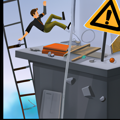 איור של סכנות נפוצות בעבודה בגובה, כגון חפצים נופלים ומשטחים לא יציבים
