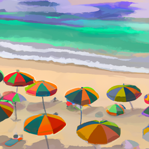נוף פנורמי של חוף באלינזי פופולרי, מלא במשתזפים ושמשיות צבעוניות.