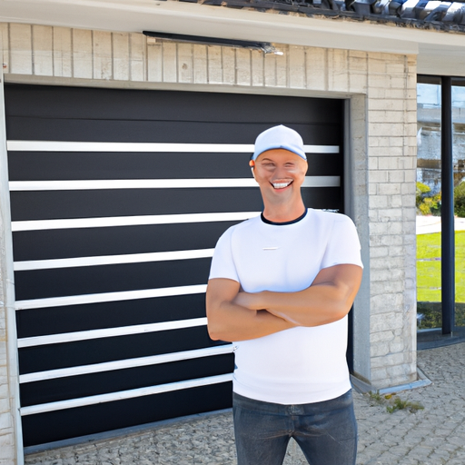 A satisfied customer standing next to their newly installed garage door