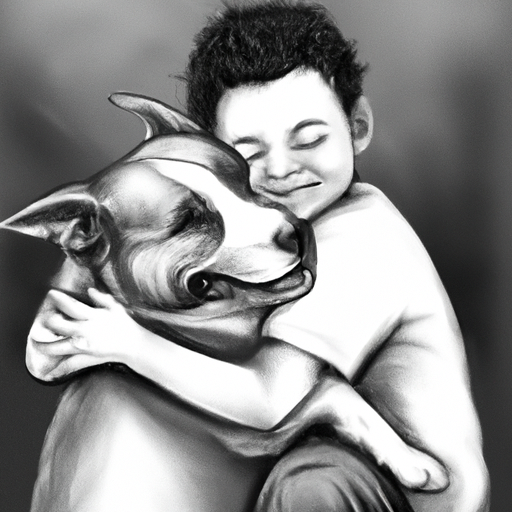 תמונה בשחור-לבן של ילד מחבק את כלבו, שניהם מראים סימני אושר עצום.