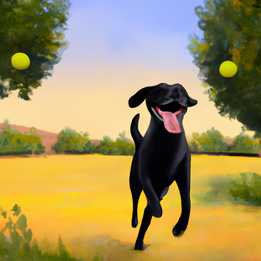 לברדור רטריבר שחור רץ ומשחק עם כדור טניס צהוב בפארק כלבים עשב מוקף בעצים.