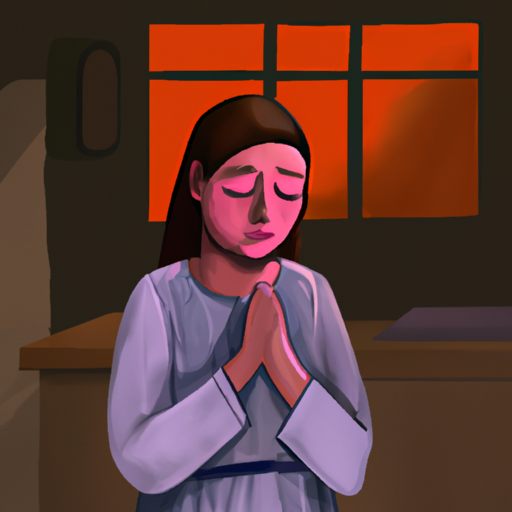 אישה מתפללת בבית כנסת, ידיה שלובות זו בזו ועיניה עצומות
