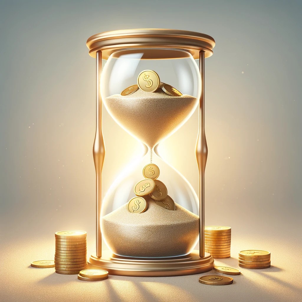 איור המציג שעון חול עם מטבעות המייצגים את חשיבות הזמן בתכנון פרישה.