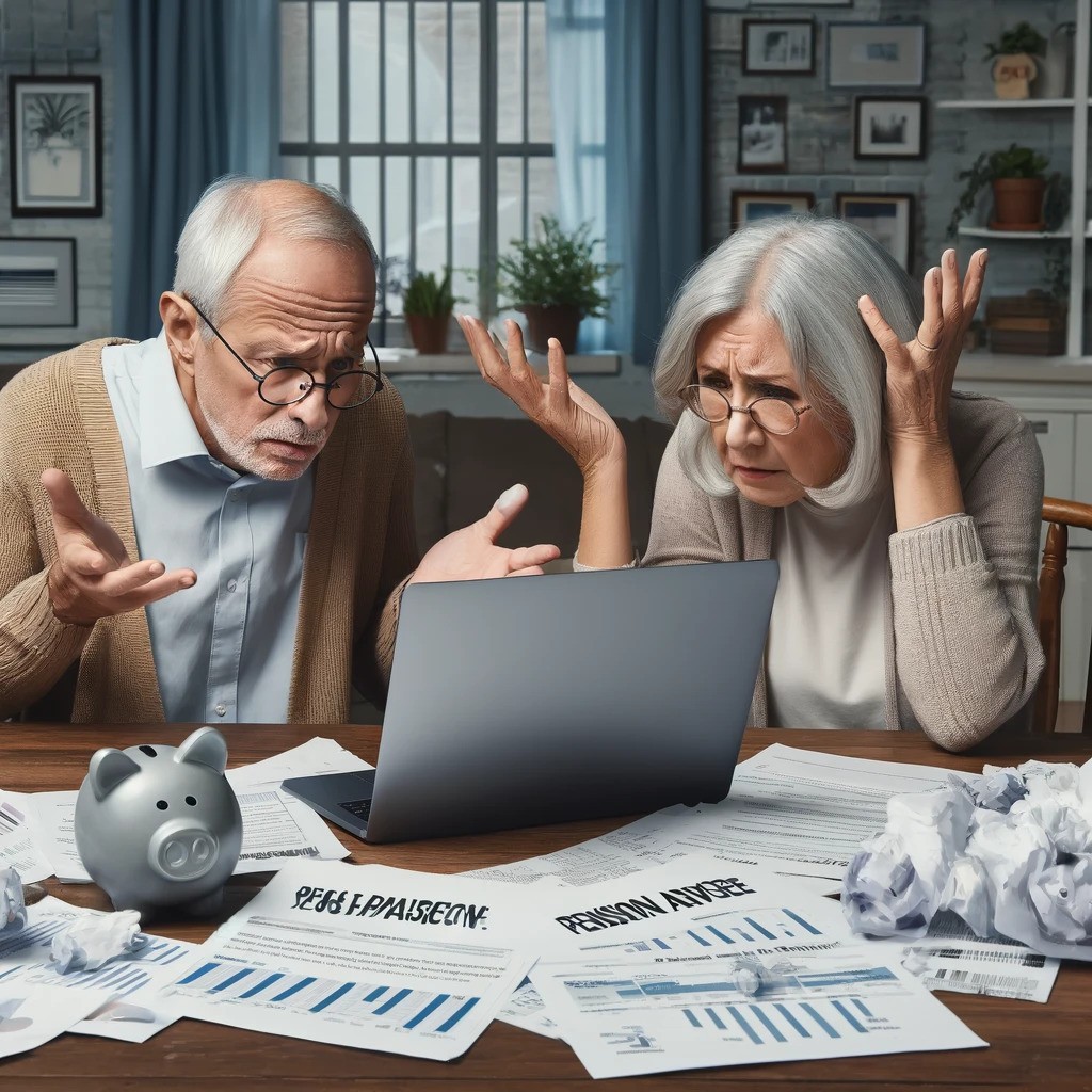 תמונה של זוג קשישים מבולבלים שעוברים על המסמכים הכספיים שלהם, מדגישה את הצורך בייעוץ פנסיוני.