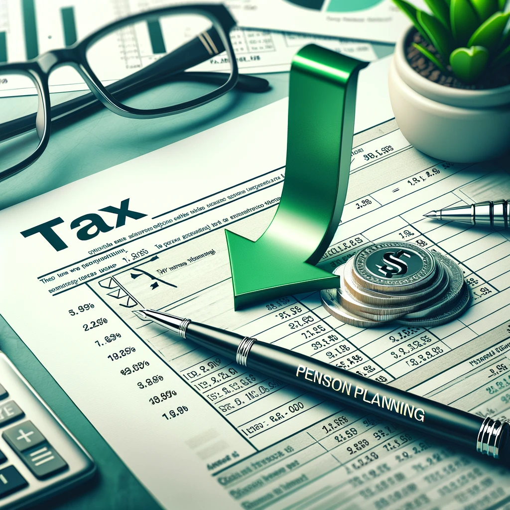 תמונה של טופס מס עם חץ ירידה, המייצג את הפחתת חובות המס בעזרת סוכן ביטוח פנסיוני.