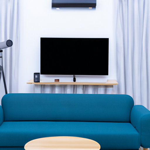 סלון מסוגנן עם מכשירי בית חכם שונים, כגון טלוויזיה חכמה, עוזר קולי ותאורה אוטומטית.