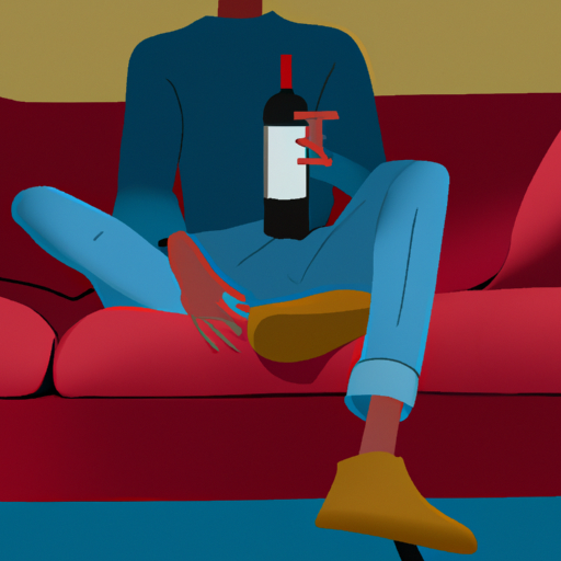 אדם מחזיק בקבוק יין בישיבה על הספה