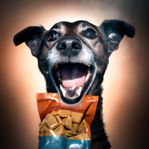 תמונה של כלב שמח עם שקית אוכל לכלבים בפה