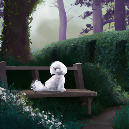 כלב לבן קטן יושב ברוגע על ספסל בפארק מוקף בצמחייה עבותה.