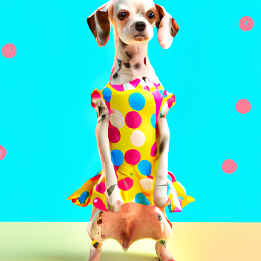 תמונה של כלב קטן לבוש בשמלה מנוקדת צבעונית