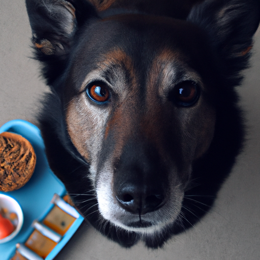 צילום תקריב של פניו של כלב מביט במצלמה, כשברקע קערת מזון רפואי