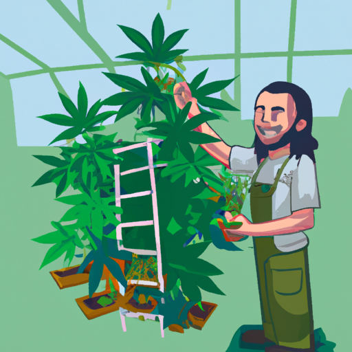 Illustration of a gardener tending to both hydroponic and soil-based cannabis plants.