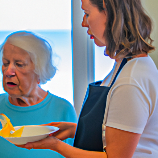 מטפלת המכינה ארוחה עשירה בחומרים תזונתיים לקשיש, המשקפת את התפקיד הפעיל של המטפלים בשמירה על הרגלי תזונה טובים.